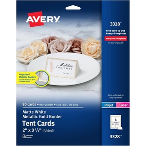 image:imageAvery Printable Tent Cards 2 x 35 White Metallic Gold Borders LaserInkjet Printable 80 Blank Place Cards 3328Metallic Gold Border
