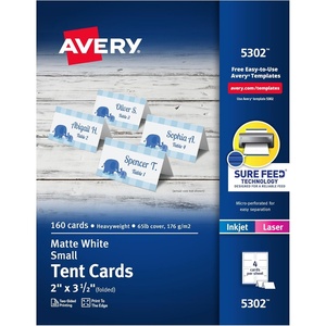 image:imageAvery Printable Tent Cards 2 x 35 White Metallic Gold Borders LaserInkjet Printable 80 Blank Place Cards 3328White