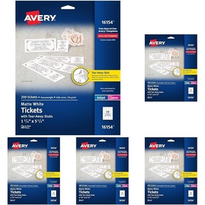 image:imageAvery Printable Tickets with TearAway Stubs 175 x 55 Matte White 200 Blank Tickets for Laser and Inkjet Printers 16154175 x 55 Pack of 5