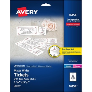 image:imageAvery Printable Tickets with TearAway Stubs 175 x 55 Matte White 200 Blank Tickets for Laser and Inkjet Printers 16154Pack of 5