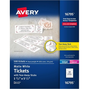 image:imageAvery Printable Tickets with TearAway Stubs 175 x 55 Matte White 500 Blank Tickets for Laser and Inkjet Printers 16795Pack of 1
