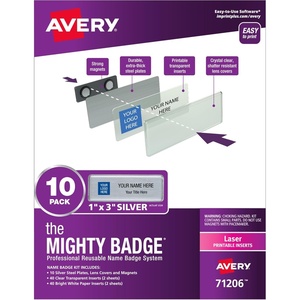 image:imageAvery Reusable Magnetic Professional Name Badge System 1 x 3 Silver Name Tags 10 Identification Badges 80 Laser Printable Inserts Design Software Included 71206Laser