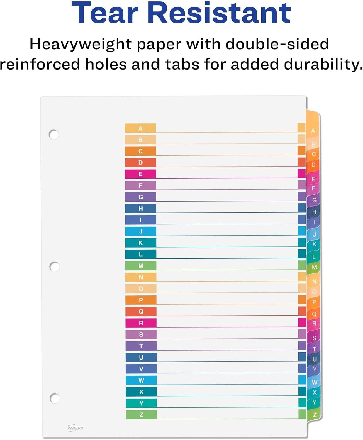image:imageAvery AZ Dividers for 3 Ring Binders 26 Tabs per Set Customizable Table of Contents Multicolor Tabs Great for Organizing Reports Projects and More 111250281 H x 110 L x 110 W Pack of 12