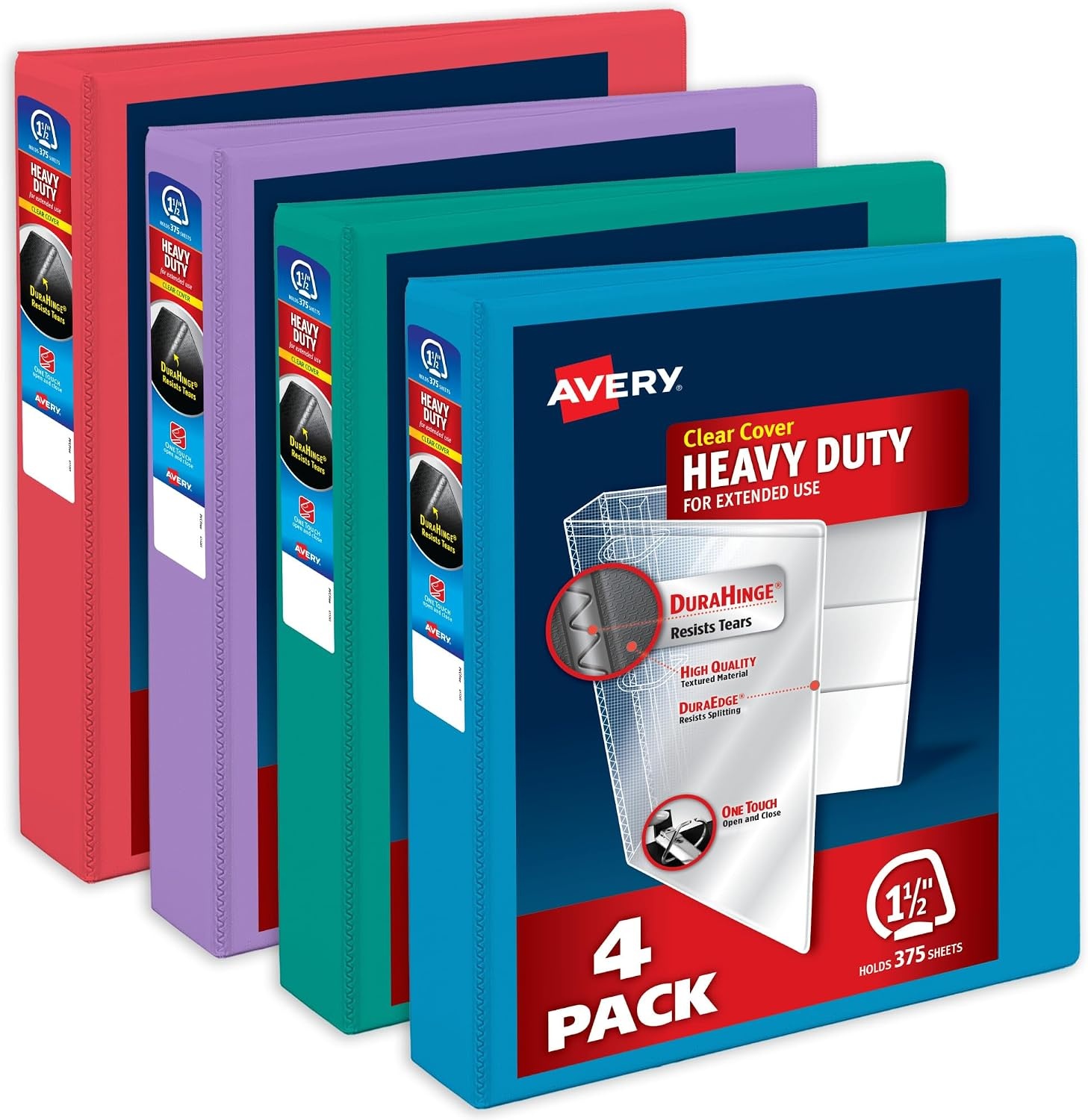 image:imageAvery HeavyDuty View 3 Ring Binders 15 Inch One Touch Slant Rings 375Sheet Capacity Assorted Pastel Colors 4Pack 79634  for School Office Teachers Classrooms amp Home OrganizationAssorted Brights