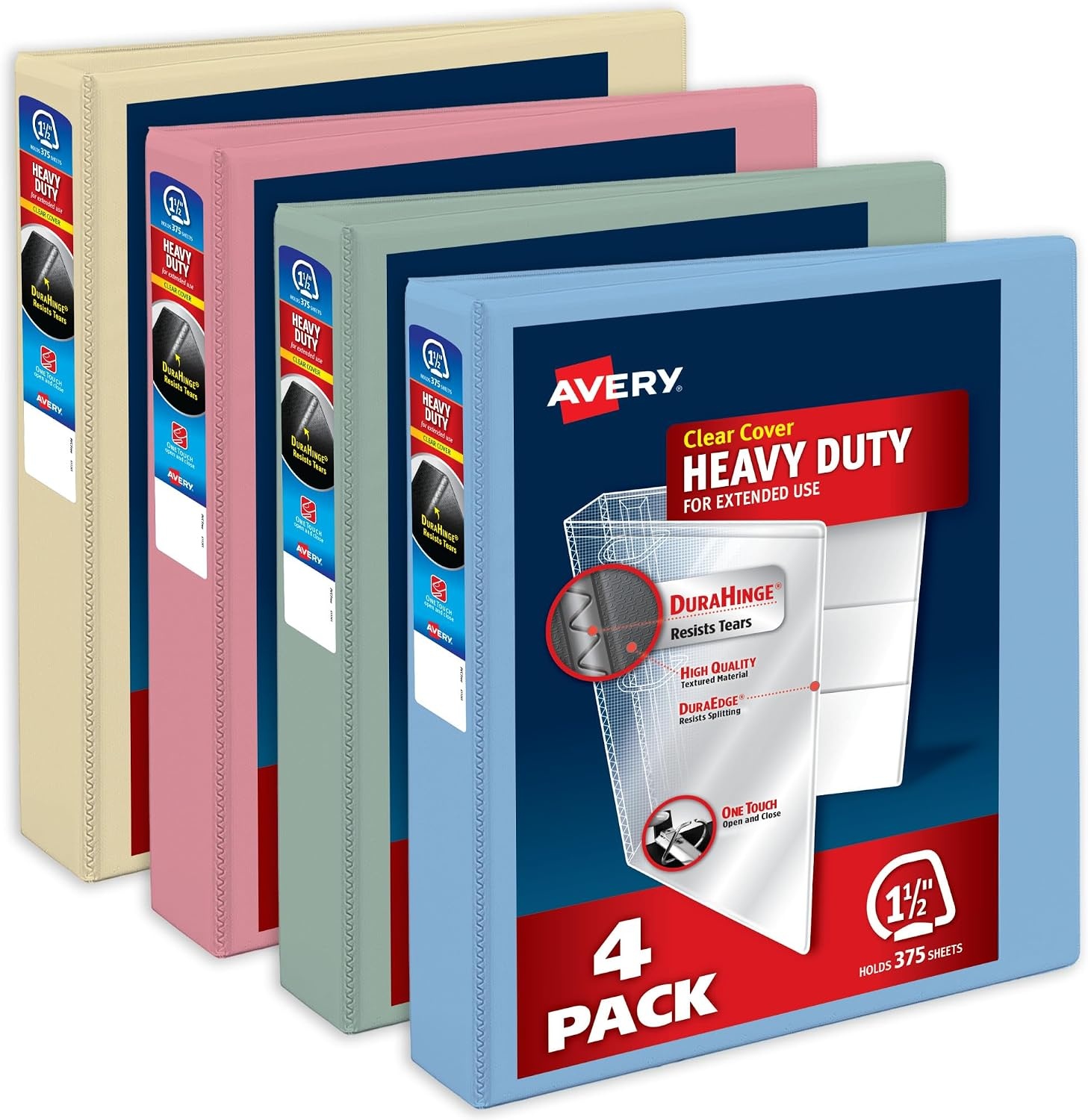 image:imageAvery HeavyDuty View 3 Ring Binders 15 Inch One Touch Slant Rings 375Sheet Capacity Assorted Pastel Colors 4Pack 79634  for School Office Teachers Classrooms amp Home OrganizationAssorted Pastels