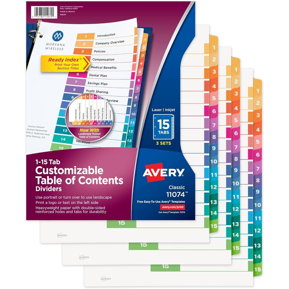 image:imageAvery Dividers for 3 Ring Binders 15 Tabs per Set Customizable Table of Contents Multicolor Tabs Great for Organizing Reports Projects and More 3 Sets of 1107415 tabs Pack of 8