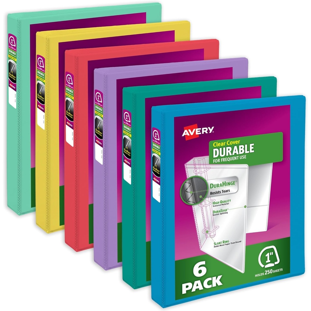 image:imageAvery Durable View 3 Ring Binders 1 Inch Slant Rings 250Sheet Capacity Assorted Bright Colors 6Pack 05631  for School Office Teachers Classrooms amp Home Organization