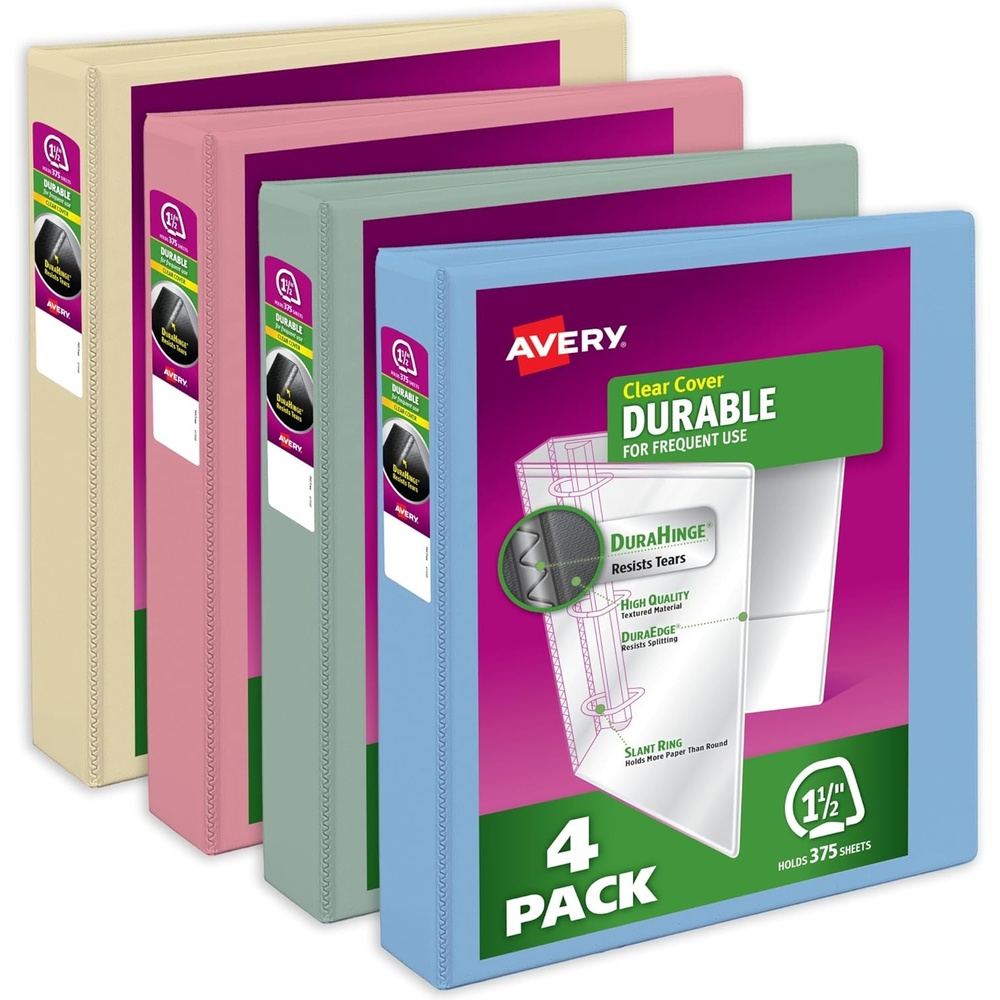 image:imageAvery Durable View 3 Ring Binders 15 Inch Slant Rings 375Sheet Capacity Assorted Pastel Colors 4Pack 05634  for School Office Teachers Classrooms amp Home Organization