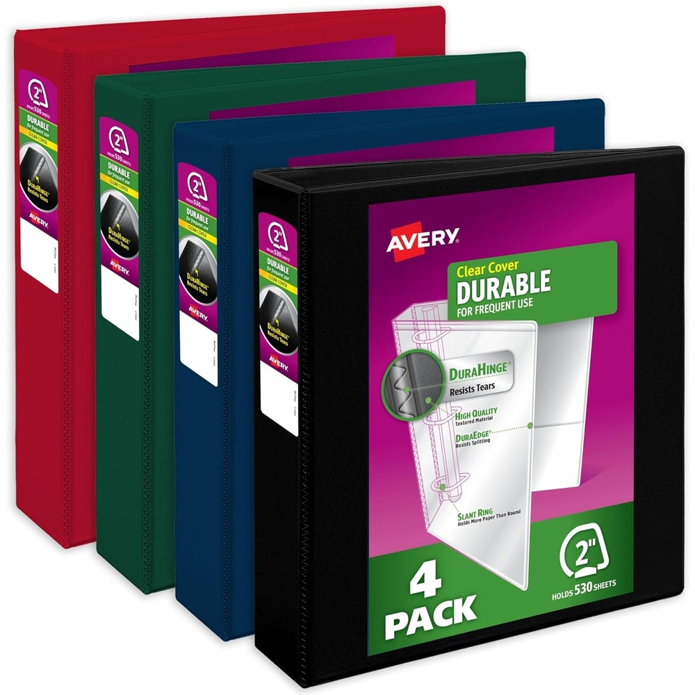 image:imageAvery Durable View 3 Ring Binders 2 Inch Slant Rings 530Sheet Capacity Assorted Dark Colors 4Pack 05638  for School Office Teachers Classrooms amp Home Organization