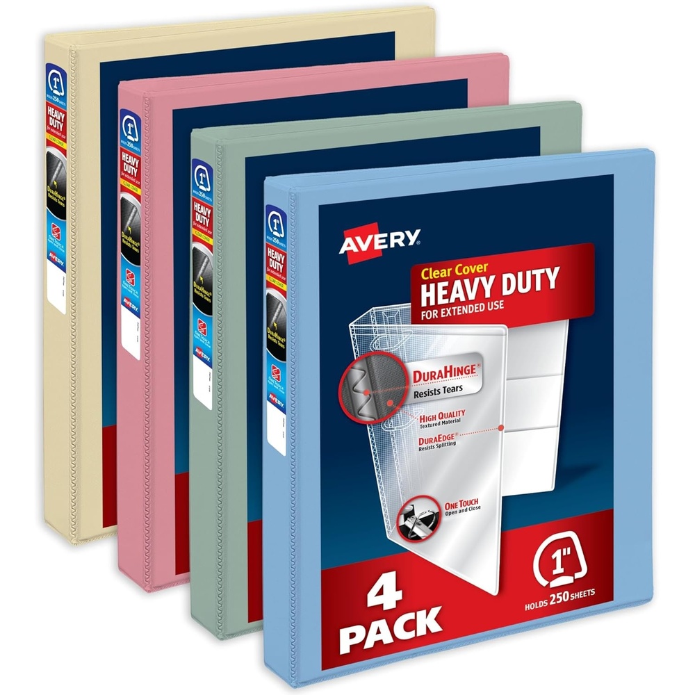 image:imageAvery HeavyDuty View 3 Ring Binders 15 Inch One Touch Slant Rings 375Sheet Capacity Assorted Pastel Colors 4Pack 79634  for School Office Teachers Classrooms amp Home OrganizationAssorted Pastels