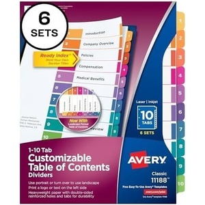 image:imageAvery 10 Tab Dividers for 3 Ring Binders Customizable Table of Contents Multicolor Tabs 6 Sets 1118810 tabs Pack of 8