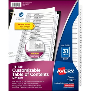 image:imageAvery 131 Dividers for 3 Ring Binders 31 Tabs per Set Customizable Table of Contents Classic White Tabs Great for Organizing Reports Projects and More 11128White