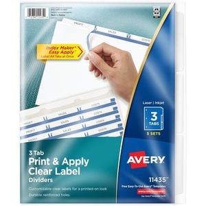 image:imageAvery 3Tab Dividers for 3 Ring Binder Easy Print amp Apply Clear Label Strip Index Maker Customizable White Tabs 25 Sets 114455 Sets