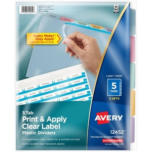 image:imageAvery 5 Tab Plastic Dividers for 3 Ring Binder Easy Print amp Apply Clear Label Strip Index Maker Customizable Multicolor Tabs 5 Sets 11452