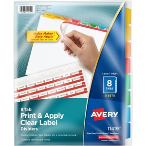 image:imageAvery 8 Tab Dividers for 3 Ring Binder Easy Print amp Apply Clear Label Strip Index Maker Customizable Multicolor Tabs 5 Sets 11419Multicolor