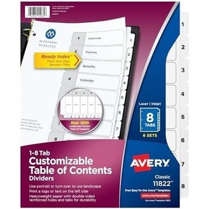 image:imageAvery 8 Tab Dividers for 3 Ring Binders Customizable Table of Contents Classic White Tabs 6 Sets 118228 Tab Pack of 10