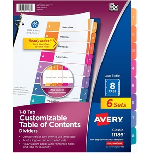image:imageAvery 8 Tab Dividers for 3 Ring Binders Customizable Table of Contents Multicolor Tabs 6 Sets 111868 tabs