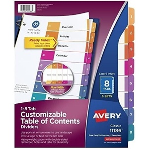 image:imageAvery 8 Tab Dividers for 3 Ring Binders Customizable Table of Contents Multicolor Tabs 6 Sets 111868 tabs Pack of 10