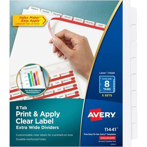 image:imageAvery 8Tab Extra Wide Binder Dividers Easy Print amp Apply Clear Label Strip Index MakerWhite 5 Sets 11441One Size