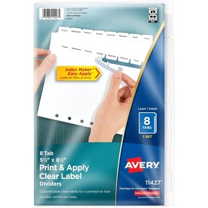 image:imageAvery 8Tab Mini Binder Dividers 55 x 85 Easy Print amp Apply Clear Label Strip White Tabs 1 Set 11427