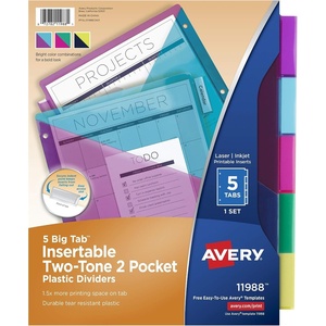 image:imageAvery Big Tab Insertable Plastic 2 Pocket Dividers for 3 Ring Binders 5 Tab Set Bright TwoTone Multicolor Works with Sheet Protectors 1 Set 000311 Pack