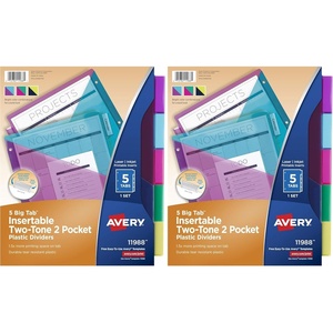 image:imageAvery Big Tab Insertable Plastic 2 Pocket Dividers for 3 Ring Binders 5 Tab Set Bright TwoTone Multicolor Works with Sheet Protectors 1 Set 000312 Pack