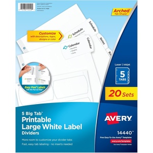 image:imageAvery Big Tab Printable Large White Label Dividers for 3 Ring Binders 5 Tabs per Set White Great for Office Supplies School Supplies Organizing and More 20 Sets of 14440One Size