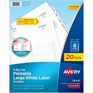 image:imageAvery Big Tab Printable Large White Label Dividers for 3 Ring Binders 8 Tabs per Set White Great for Office Supplies School Supplies Organizing and More 20 Sets of 1444120 sets
