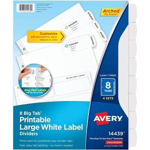 image:imageAvery Big Tab Printable Large White Label Dividers with Easy Peel 8 Tabs 4 Sets 144394 sets