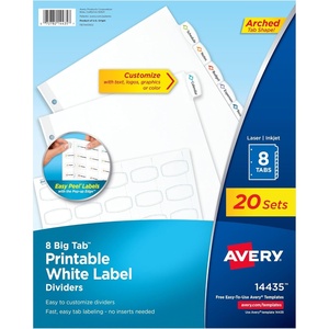 image:imageAvery Big Tab Printable White Label Dividers for 3 Ring Binders 8 Tabs per Set White Great for Office Supplies School Supplies Organizing and More 20 Sets of 144351