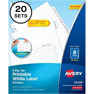 image:imageAvery Big Tab Printable White Label Dividers for 3 Ring Binders 8 Tabs per Set White Great for Office Supplies School Supplies Organizing and More 20 Sets of 14435One Size Pack of 6