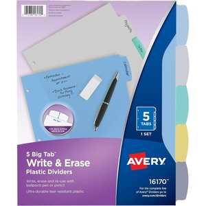 image:imageAvery Big Tab Write amp Erase Durable Plastic Dividers for 3 Ring Binders 5Tab Set Pastel Multicolor 1 Set 16170