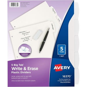 image:imageAvery Big Tab Write amp Erase Durable Plastic Dividers for 3 Ring Binders 5Tab Set White 1 Set 163701 Set
