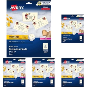 image:imageAvery Clean Edge Printable Business Cards with Sure Feed Technology 2 x 35 Ivory 200 Blank Cards for Laser Printers 5876One Size Pack of 5