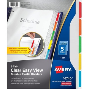 image:imageAvery Clear Easy View Durable Plastic Dividers for 3 Ring Binders 5Tab Set Bright Multicolor 1 Set 167405 Tab