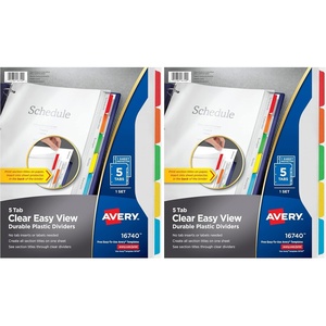 image:imageAvery Clear Easy View Durable Plastic Dividers for 3 Ring Binders 5Tab Set Bright Multicolor 1 Set 167405 Tab Pack of 2