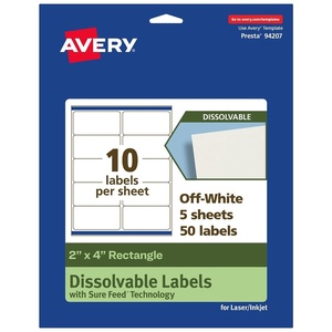 image:imageAvery Dissolvable Rectangle Labels Sure Feed Technology 2 x 4 Matte White LaserInkjet Printable 250 Labels Total FreezerSafe MicrowaveSafe RefrigeratorSafe50 labels