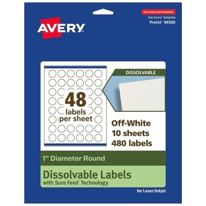 image:imageAvery Dissolvable Round Labels Sure Feed Technology 1 Diameter Matte White PrinttoTheEdge LaserInkjet Printable 1200 Labels Total480 labels