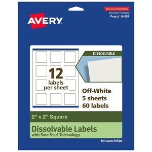 image:imageAvery Dissolvable Square Labels Sure Feed Technology 2 x 2 Matte White PrinttoTheEdge LaserInkjet Printable 120 Labels Total60 labels