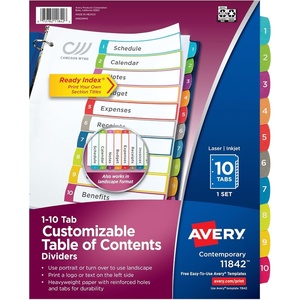 image:imageAvery Dividers for 3 Ring Binders 10 Tabs per Set Customizable Table of Contents Multicolor Arched Tabs Great for Organizing Reports Projects and More 36 Sets of 11842Dividers Pack of 36
