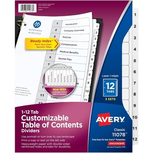 image:imageAvery Dividers for 3 Ring Binders 12 Tabs per Set Customizable Table of Contents Classic White Tabs Great for Organizing Reports Projects and More 3 Sets of 11078One Size Pack of 8