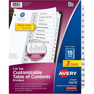 image:imageAvery Dividers for 3 Ring Binders 15 Tabs per Set Customizable Table of Contents Classic White Tabs Great for Organizing Reports Projects and More 3 Sets of 11079