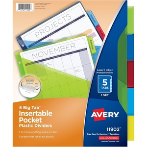image:imageAvery Dividers for 3 Ring Binders 5 Tab Plastic Binder Dividers Pockets Insertable Big Tabs Multicolor Extend Beyond Sheet Protectors 1 Set 11902Dividers