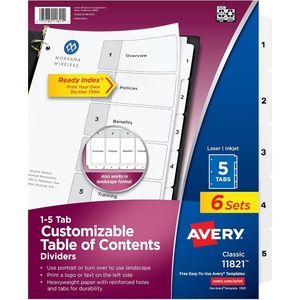 image:imageAvery Dividers for 3 Ring Binders 5 Tabs per Set Customizable Table of Contents Classic White Tabs Great for Organizing Reports Projects and More 6 Sets of 118210
