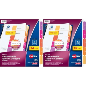 image:imageAvery Dividers for 3 Ring Binders 5 Tabs per Set Customizable Table of Contents Multicolor Tabs Great for Organizing HighVolume Reports Projects and More 24 Sets of 111675 tabs Pack of 2