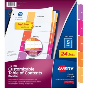 image:imageAvery Dividers for 3 Ring Binders 5 Tabs per Set Customizable Table of Contents Multicolor Tabs Great for Organizing HighVolume Reports Projects and More 24 Sets of 111675 tabs