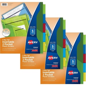 image:imageAvery Dividers for 3 Ring Binders 5Tab Sets TwoPocket Plastic Binder Dividers with Tabs Multicolor 3 Sets 719065 Tab Pack of 8