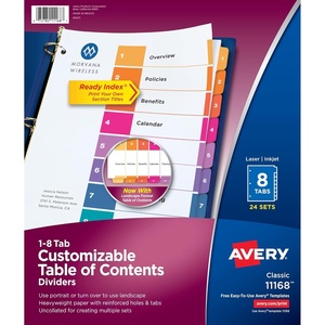 image:imageAvery Dividers for 3 Ring Binders 8 Tabs per Set Customizable Table of Contents Multicolor Tabs Great for Organizing HighVolume Reports Projects and More 24 Sets of 11168True