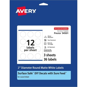 image:imageAvery Durable Removable Round Labels Sure Feed Technology 2 Diameter Matte White Film WaterResistant PrinttoTheEdge LaserPigmentBased Inkjet Printable 96 Total36 labels