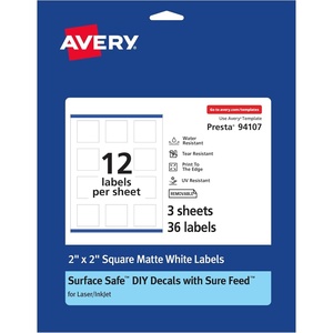 image:imageAvery Durable Removable Square Labels Sure Feed Technology 2 x 2 Matte White Film WaterResistant PrinttoTheEdge LaserPigmentBased Inkjet Printable 96 Total36 labels